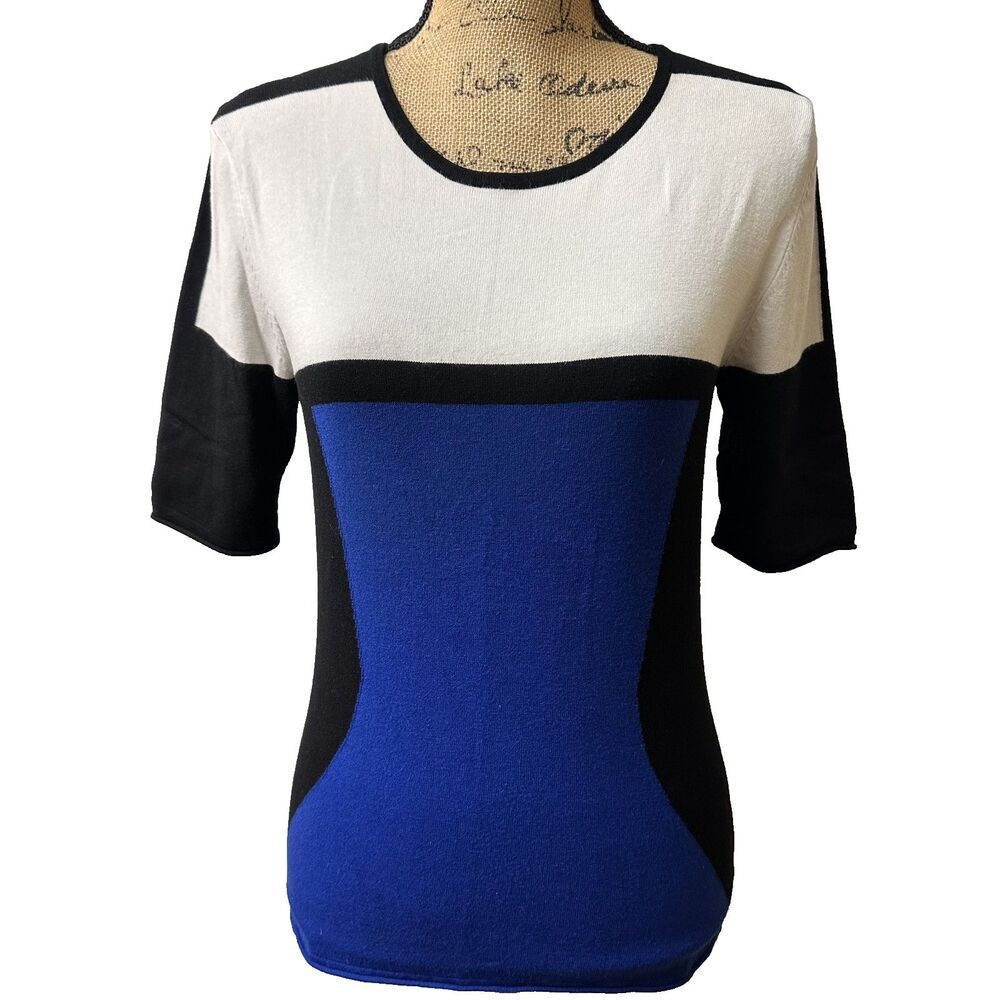 Apriori Escada Blue White Black Soft Knit Short Sleeve Sweater Top Sz 8